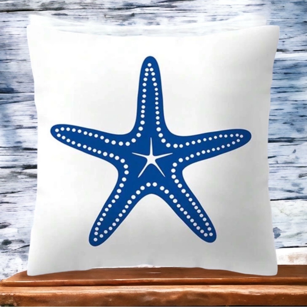 Pillow Cover Coastal Starfish Nautical Beach Zip Square White Blue 17.7 X 17.7 - Picture 1 of 13